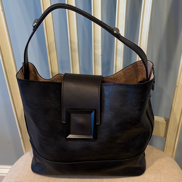 Black Leather Shoulder Bag with Decorative Buckle crossbody shoulder strap NWOT - Picture 2 of 8